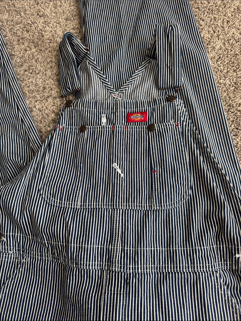 Dickies Navy and White Striped Bib Overalls